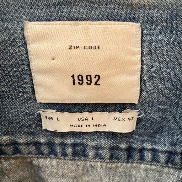 Zara denim shirt patches distressed unisex large button up boho Zip Code 1992 - Picture 3 of 13